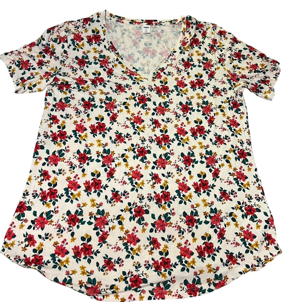 Old Navy Luxe Floral V-Neck Short Sleeve Tee White Red Yellow Tall Large